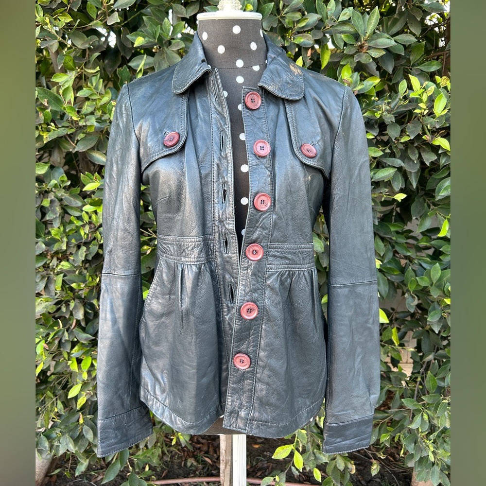 365 Sunshine Stylish Black Leather Jacket with Red Accents Women Size Small